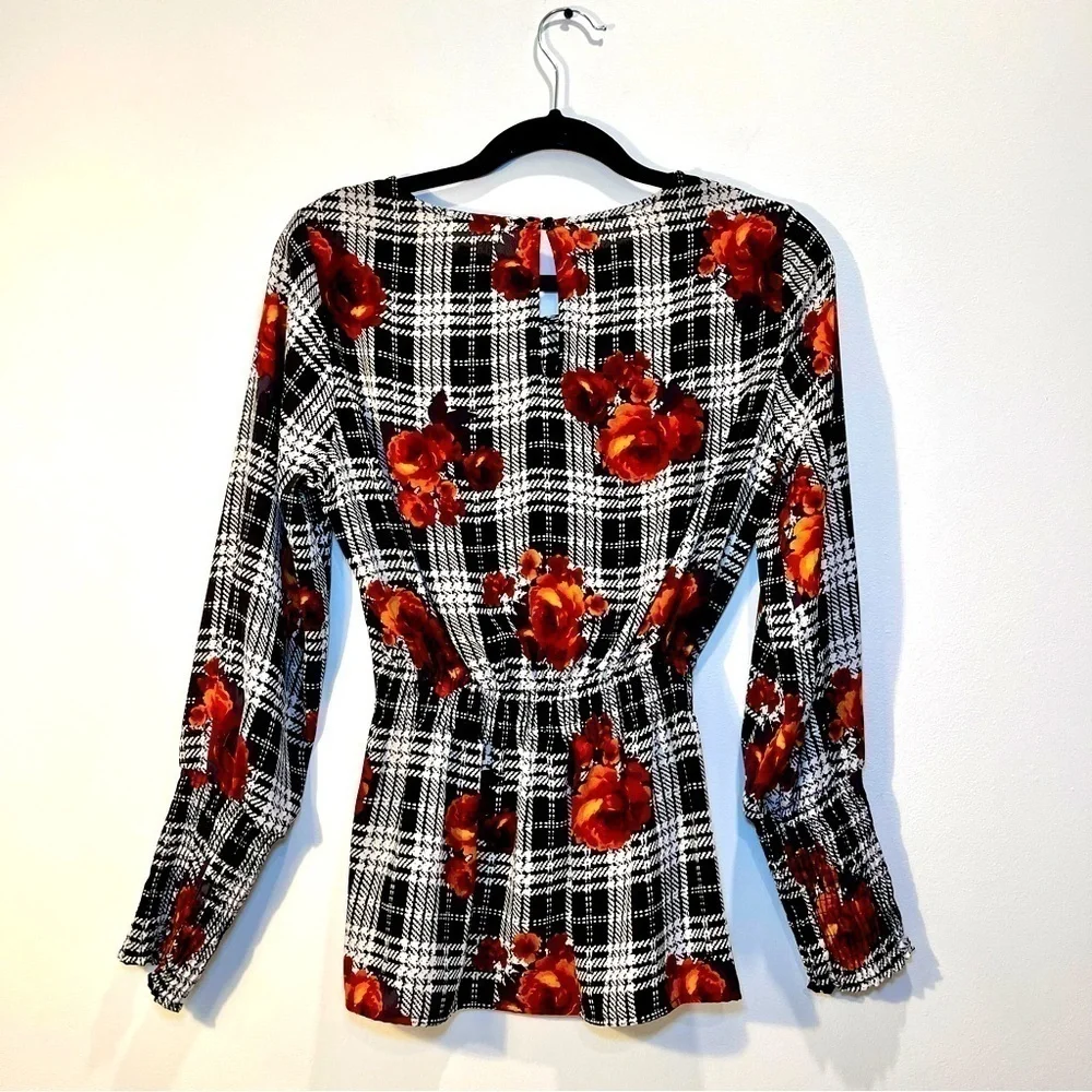 Anthropologie Black White Floral Plaid Long Puff Sleeve Sheer Peasant Blouse Top - Picture 9 of 9